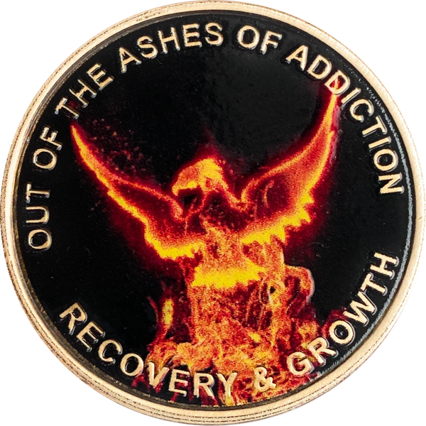 Out of The Ashes of Addiction Color Phoenix Rising from Flames Sobriety Medallion
