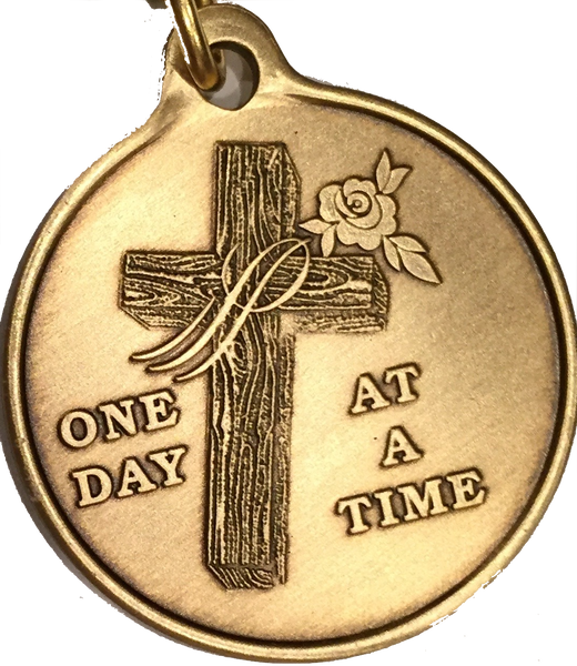 Wood Cross With Rose One Day At A Time Keychain AA NA