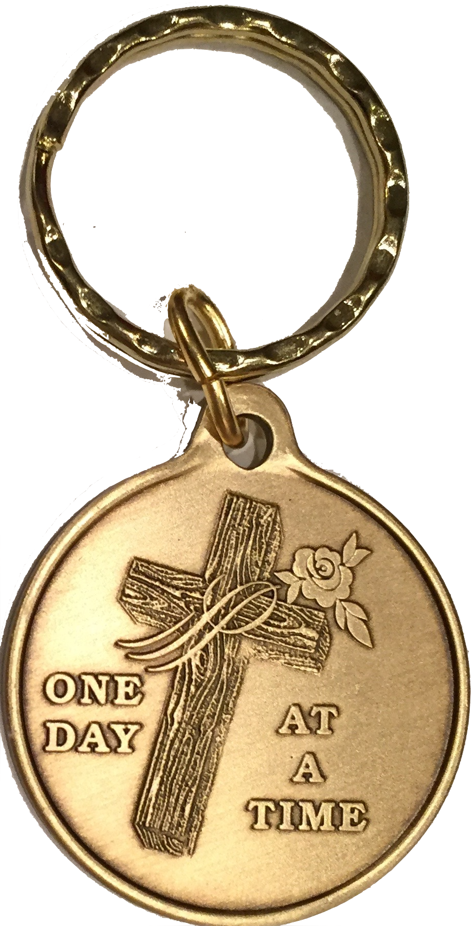 Wood Cross With Rose One Day At A Time Keychain AA NA