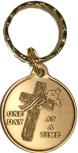 Wood Cross With Rose One Day At A Time Keychain AA NA