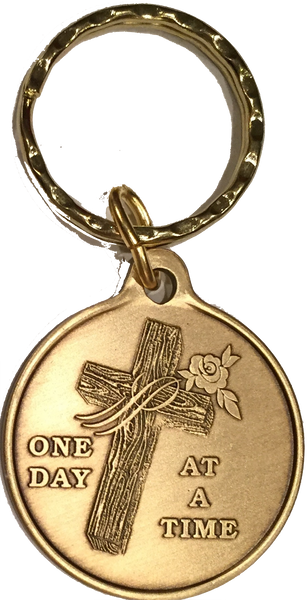 Wood Cross With Rose One Day At A Time Keychain AA NA