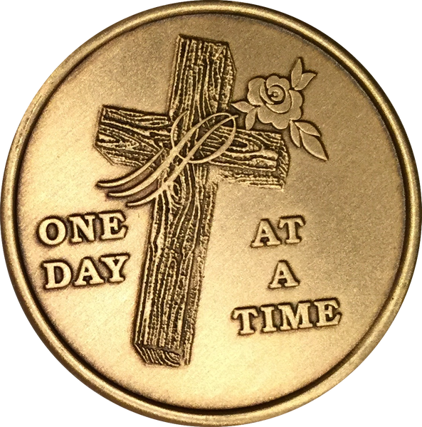 Wood Cross With Rose One Day At A Time Medallion Sobriety Chip AA NA