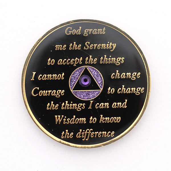 Crystal AA Medallion Purple Glitter Tri-Plate Sobriety Chip Year 1 - 50 - RecoveryChip