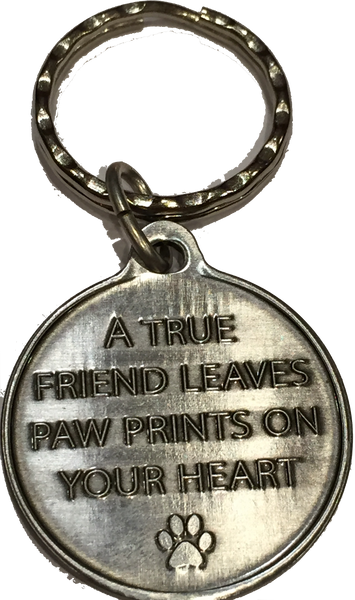 Dog Mom Keychain - A True Friend Leaves Paw Prints On Your Heart - Pewter Color