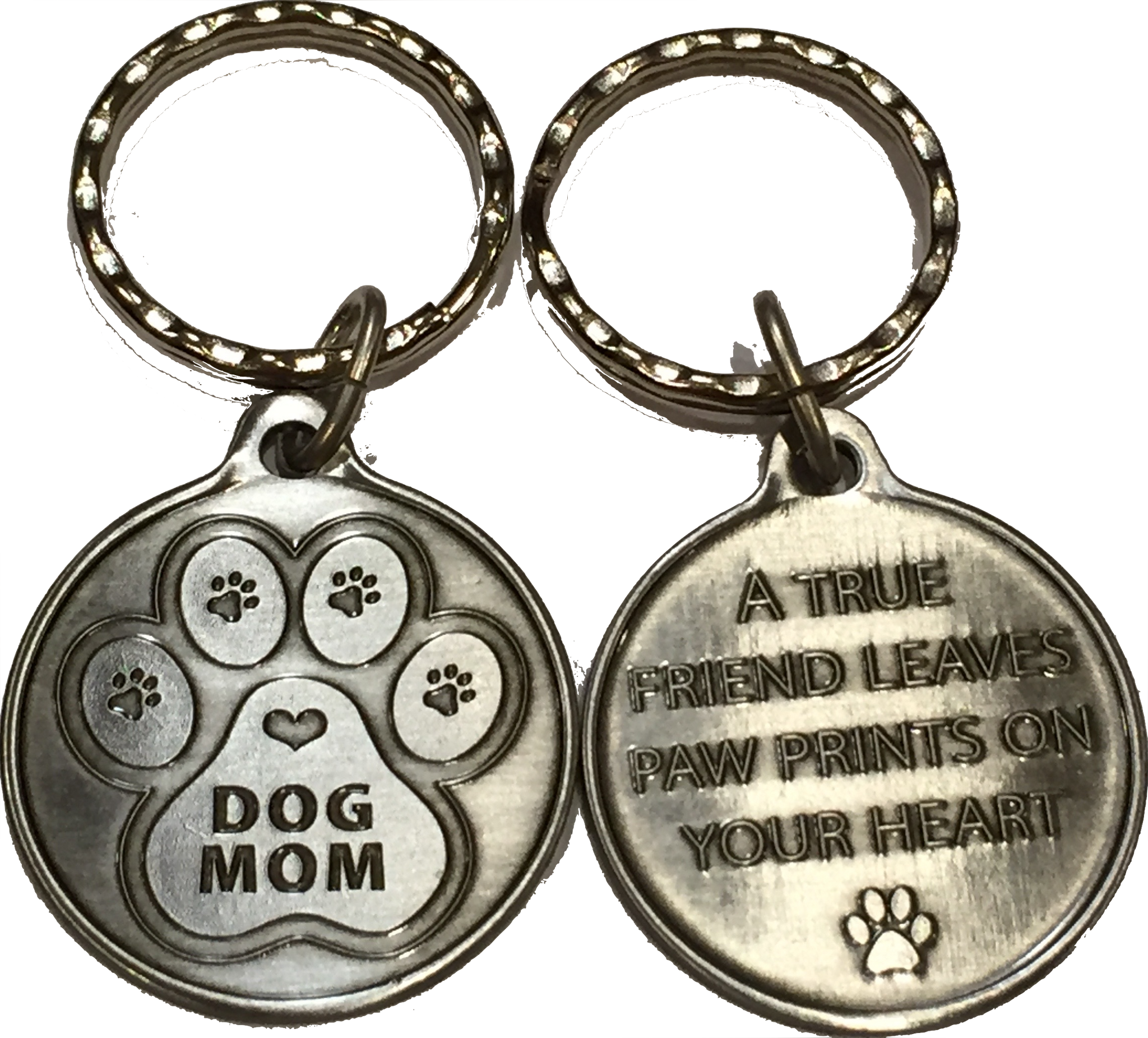 Dog Mom Keychain - A True Friend Leaves Paw Prints On Your Heart - Pewter Color