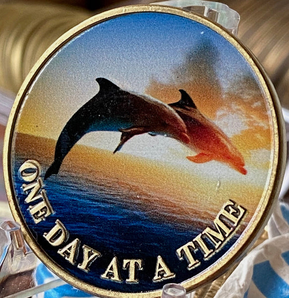 Dolphins Swimming Ocean One Day at A Time Medallion Serenity Prayer Chip…