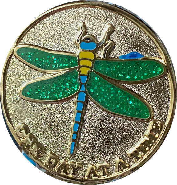 Green Glitter Dragonfly One Day At A Time Medallion With Serenity Prayer