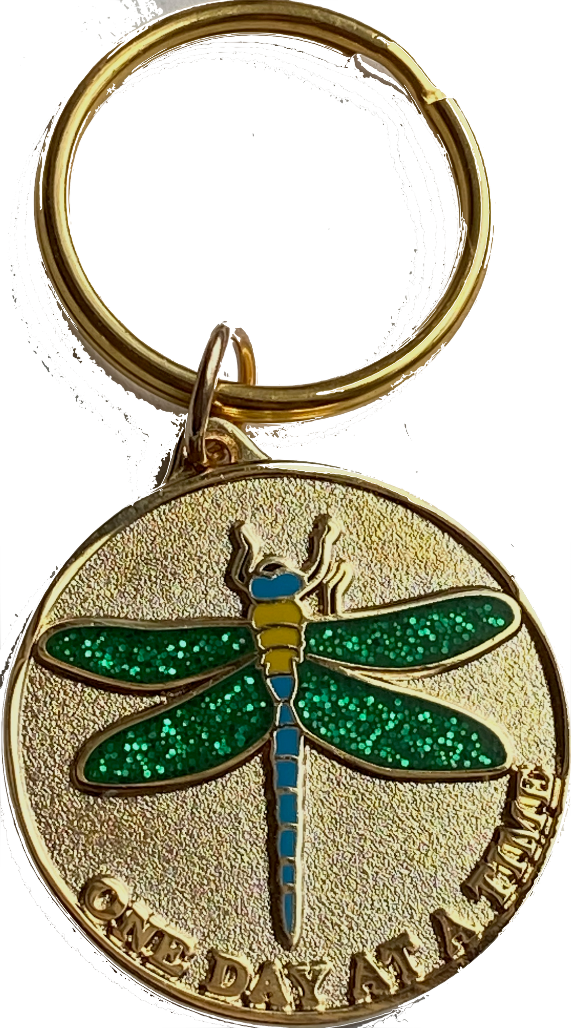 Dragonfly Green Glitter and Gold One Day At A Time Keychain