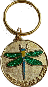 Dragonfly Green Glitter and Gold One Day At A Time Keychain