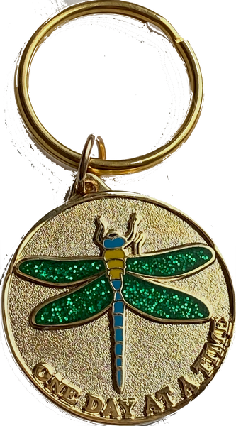 Dragonfly Green Glitter and Gold One Day At A Time Keychain