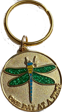 Dragonfly Green Glitter and Gold One Day At A Time Keychain