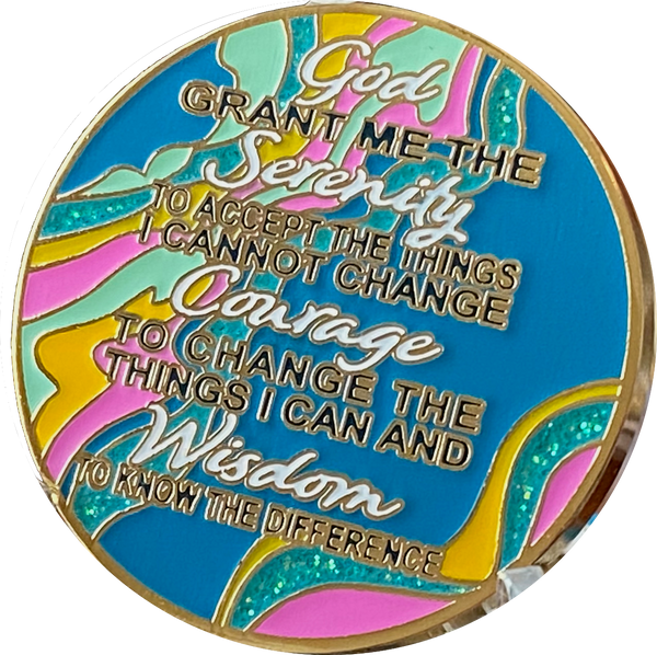 32 Year AA Medallion Elegant Tahiti Teal Blue and Pink Marble Gold Sobriety Chip