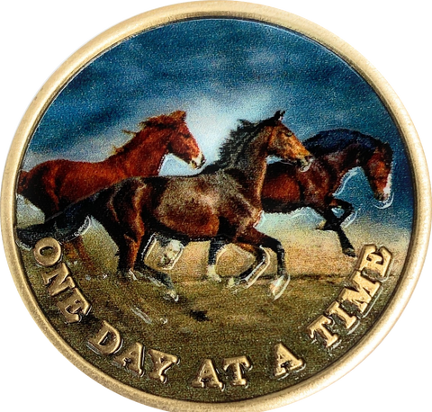 Brown Horses Galloping One Day At A Time Color Serenity Prayer Medallion Coin