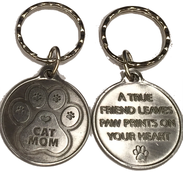 Cat Mom Keychain - A True Friend Leaves Paw Prints On Your Heart - Pewter Color