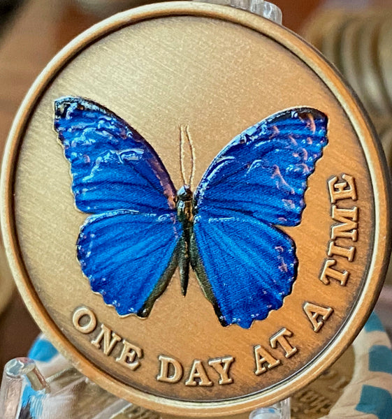 Blue Butterfly One Day At A Time Serenity Prayer Medallion Coin