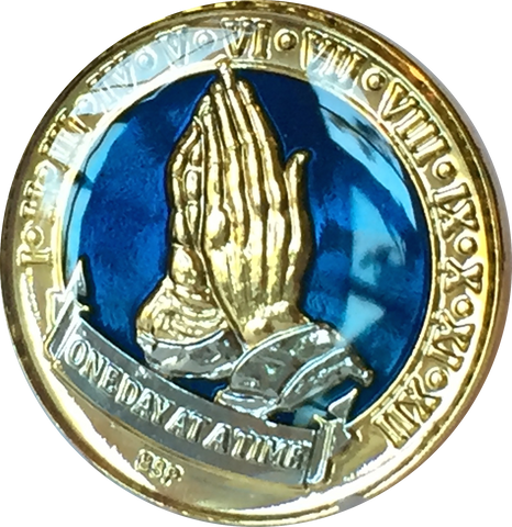 One Day At A Time Praying Hands Midnight Blue & Gold Plated Nickel Tri-Plated AA Alcoholics Anonymous Medallion Sobriety Chip Years 1 2 3 4 5 6 7 8 9 10 11 12 Year 1-12 BSP - RecoveryChip