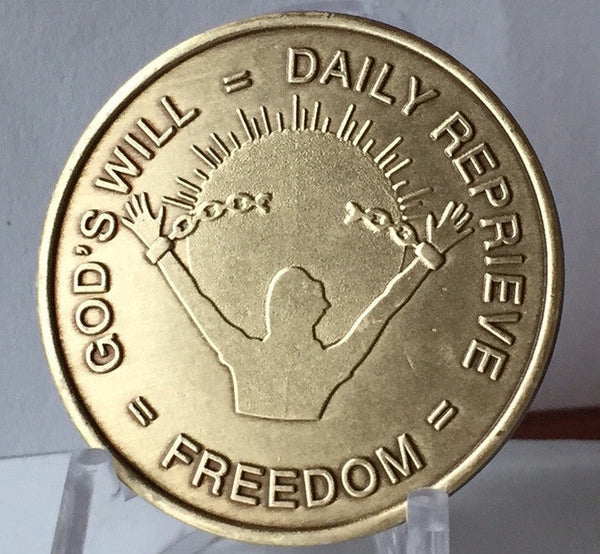 Bulk Lot 25 Units - God's Will = Daily Reprieve = Freedom - AA Alcoholics Anonymous Spiritual Condition Bronze Sobriety Medallion RecoveryChip Design - RecoveryChip