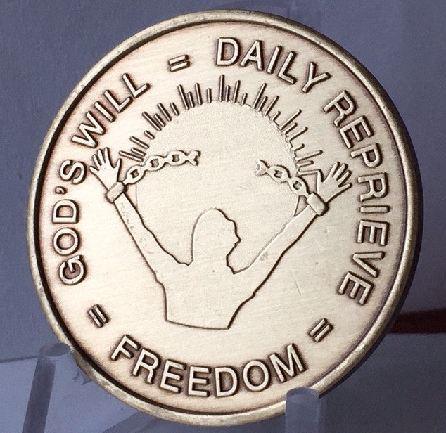 Bulk Lot 25 Units - God's Will = Daily Reprieve = Freedom - AA Alcoholics Anonymous Spiritual Condition Bronze Sobriety Medallion RecoveryChip Design - RecoveryChip