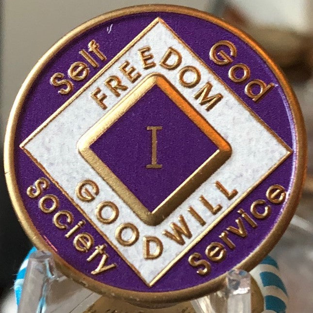 Offical NA Triplate Purple & White Color Narcotics Anonymous Medallion 18 Month Year 1 - 50 - RecoveryChip