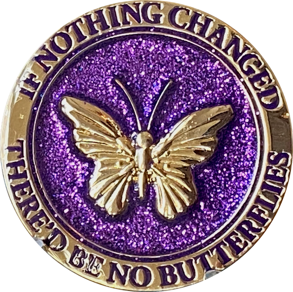 Butterfly If Nothing Changed There'd Be No Butterflies Reflex Purple Glitter Gold Plated Medallion