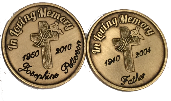 Engraved In Loving Memory Rose Cross Bronze Memorial Medallion Personalized Coin - RecoveryChip