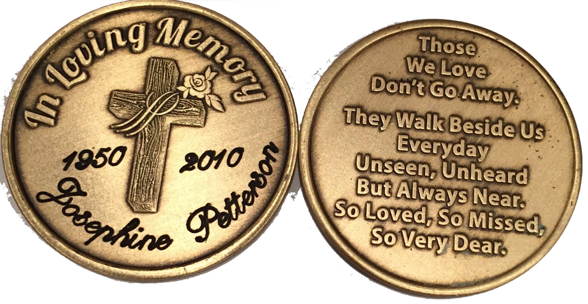 Engraved In Loving Memory Rose Cross Bronze Memorial Medallion Personalized Coin - RecoveryChip