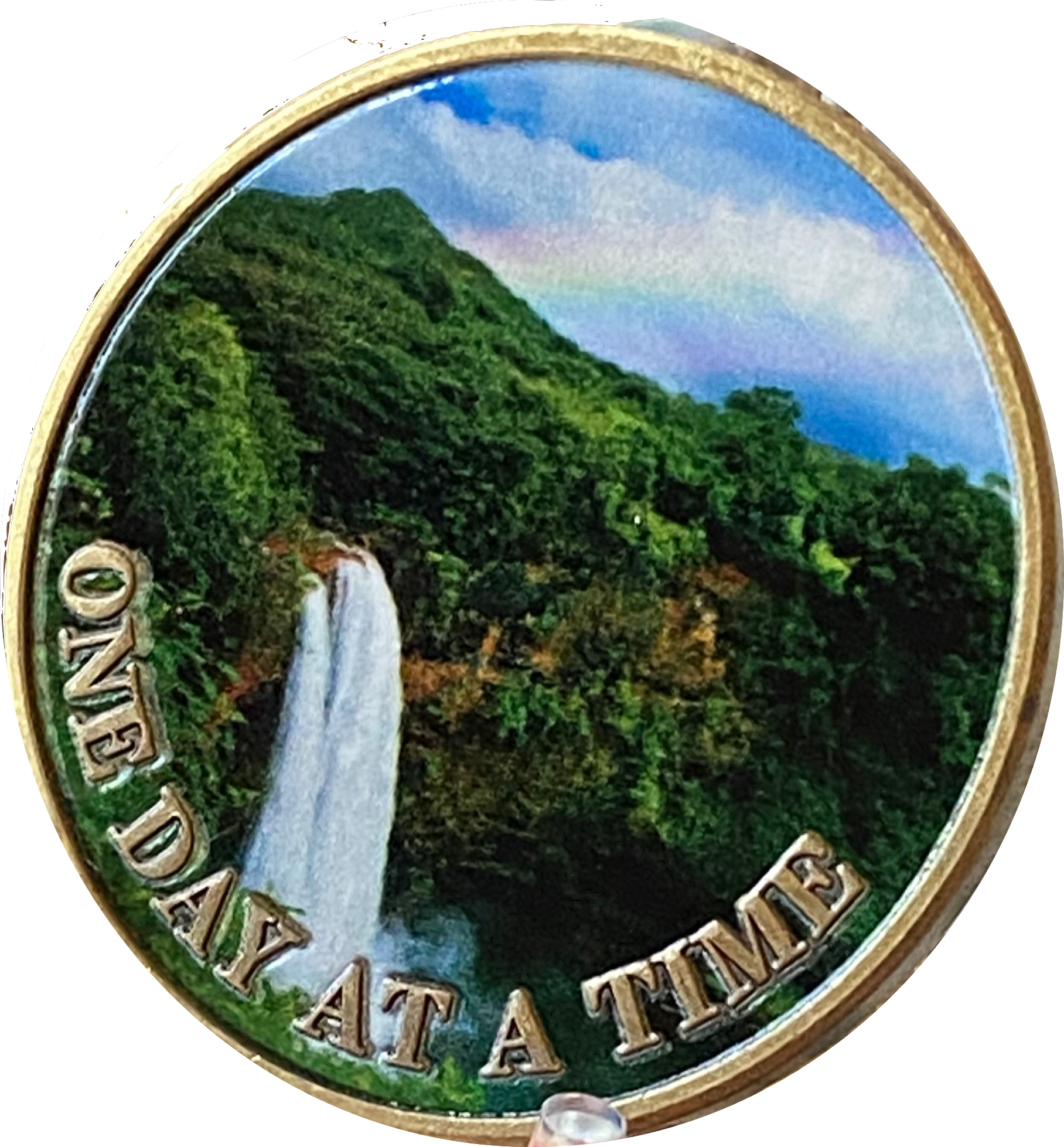 Rainbow Waterfall Hawaii Mountain One Day at A Time Medallion Serenity Prayer Chip…