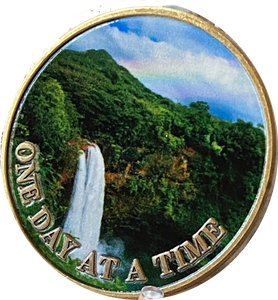 Rainbow Waterfall Hawaii Mountain One Day at A Time Medallion Serenity Prayer Chip…