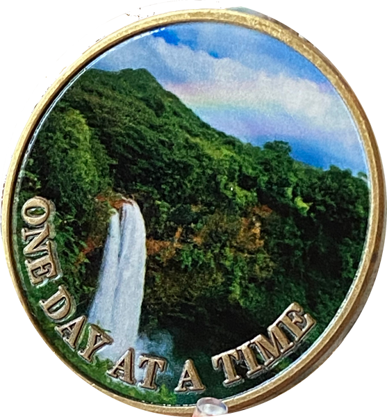 Rainbow Waterfall Hawaii Mountain One Day at A Time Medallion Serenity Prayer Chip…