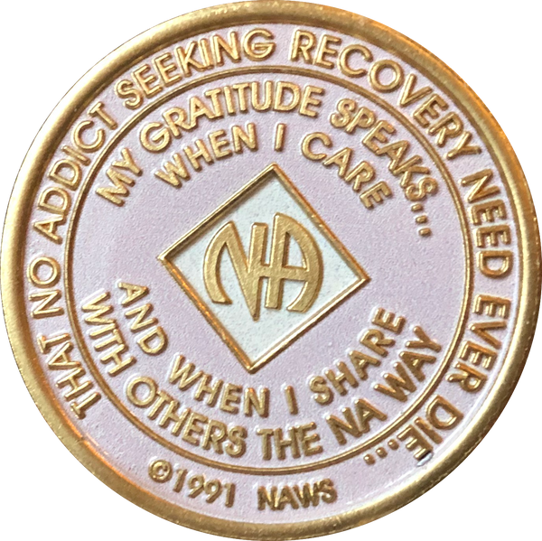 Offical NA Tri-Plate Pink & Gold Color Narcotics Anonymous Medallions 18 Month Year 1 - 50 - RecoveryChip