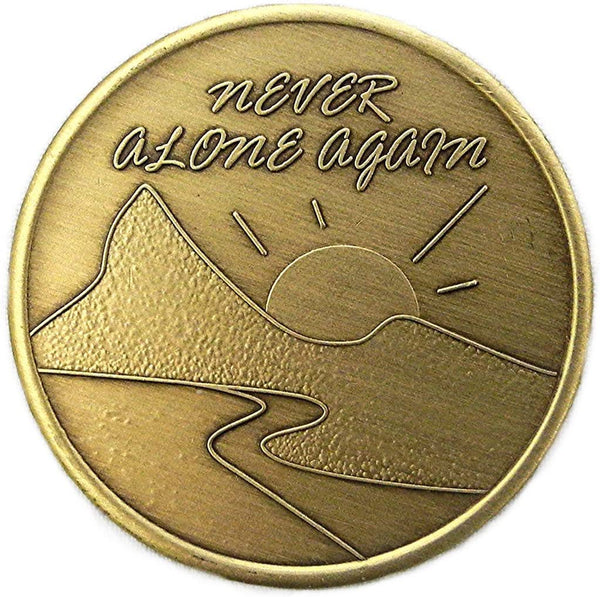 Bulk Lot of 25 Coins Never Alone Again Medallion Mountain Road Scene Sobriety Chip