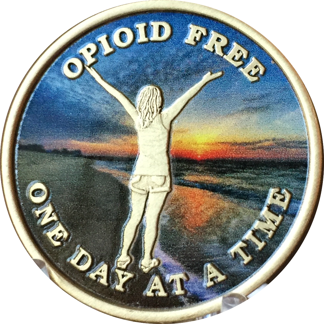 Opioid Free One Day At A Time Medallion Girl On Beach Sunrise Chip - RecoveryChip