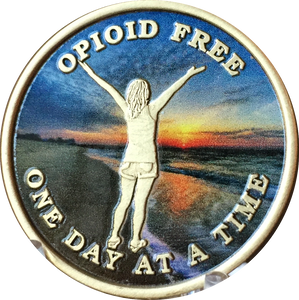 Opioid Free One Day At A Time Medallion Girl On Beach Sunrise Chip - RecoveryChip