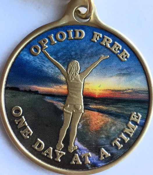 Opioid Free One Day At A Time Keychain Girl On Beach Sunrise - RecoveryChip