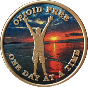 Opioid Free One Day At A Time Medallion Man On Beach Sunrise Chip - RecoveryChip