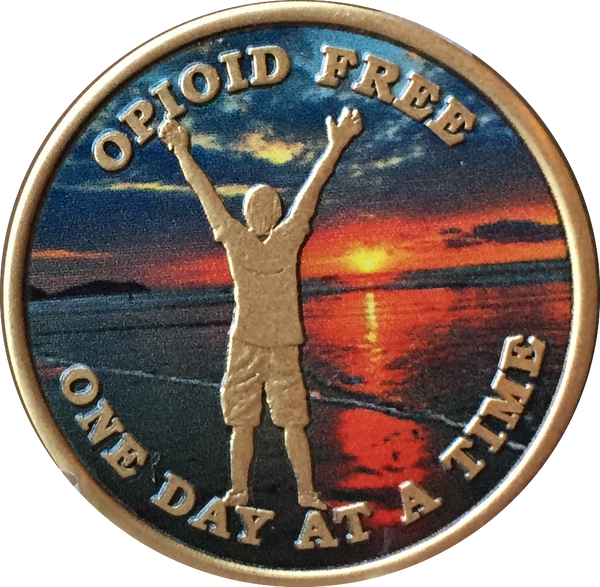 Opioid Free One Day At A Time Medallion Man On Beach Sunrise Chip - RecoveryChip