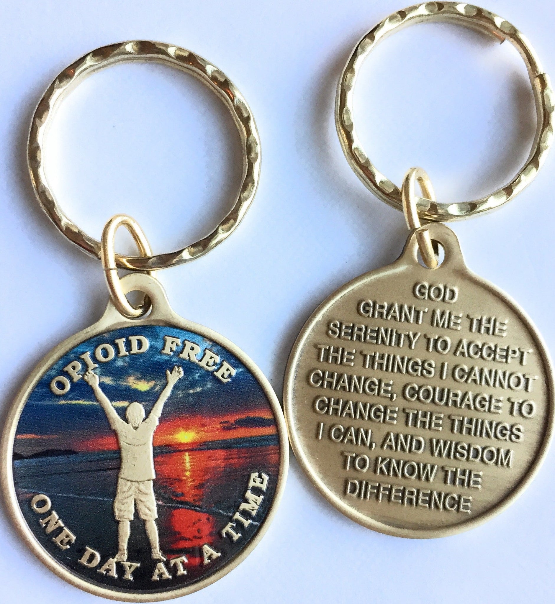 Opioid Free One Day At A Time Keychain Man On Beach Sunrise - RecoveryChip