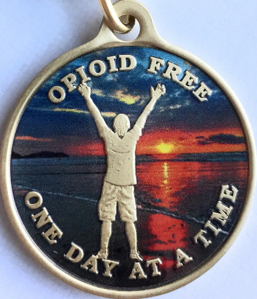 Opioid Free One Day At A Time Keychain Man On Beach Sunrise - RecoveryChip