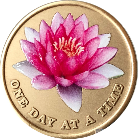 Pink Lotus Flower One Day At A Time Medallion With Serenity Prayer - RecoveryChip