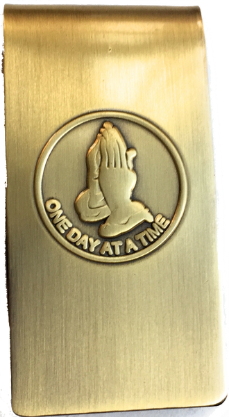 Praying Hands One Day At A Time Brass Sobriety Money Clip - RecoveryChip