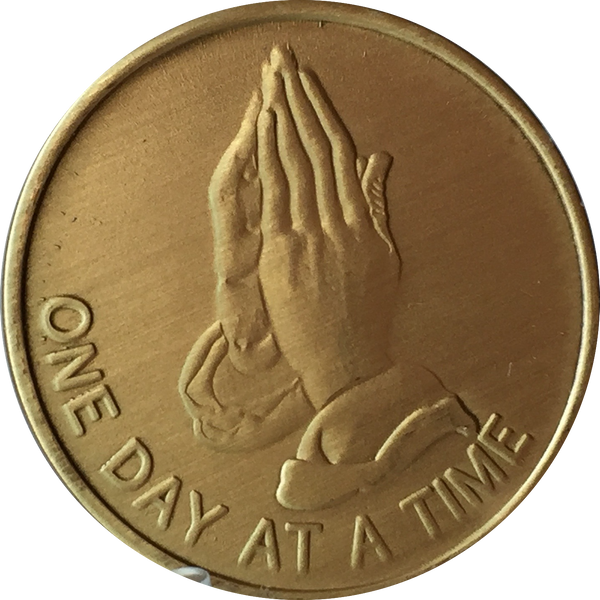 Praying Hands One Day At A Time Serenity Prayer Bronze Sobriety Medallion Chip Coin - RecoveryChip