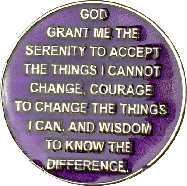 Purple Silver Plated Praying Hands One Day At A Time Serenity Prayer Medallion Chip RecoveryChip Design - RecoveryChip