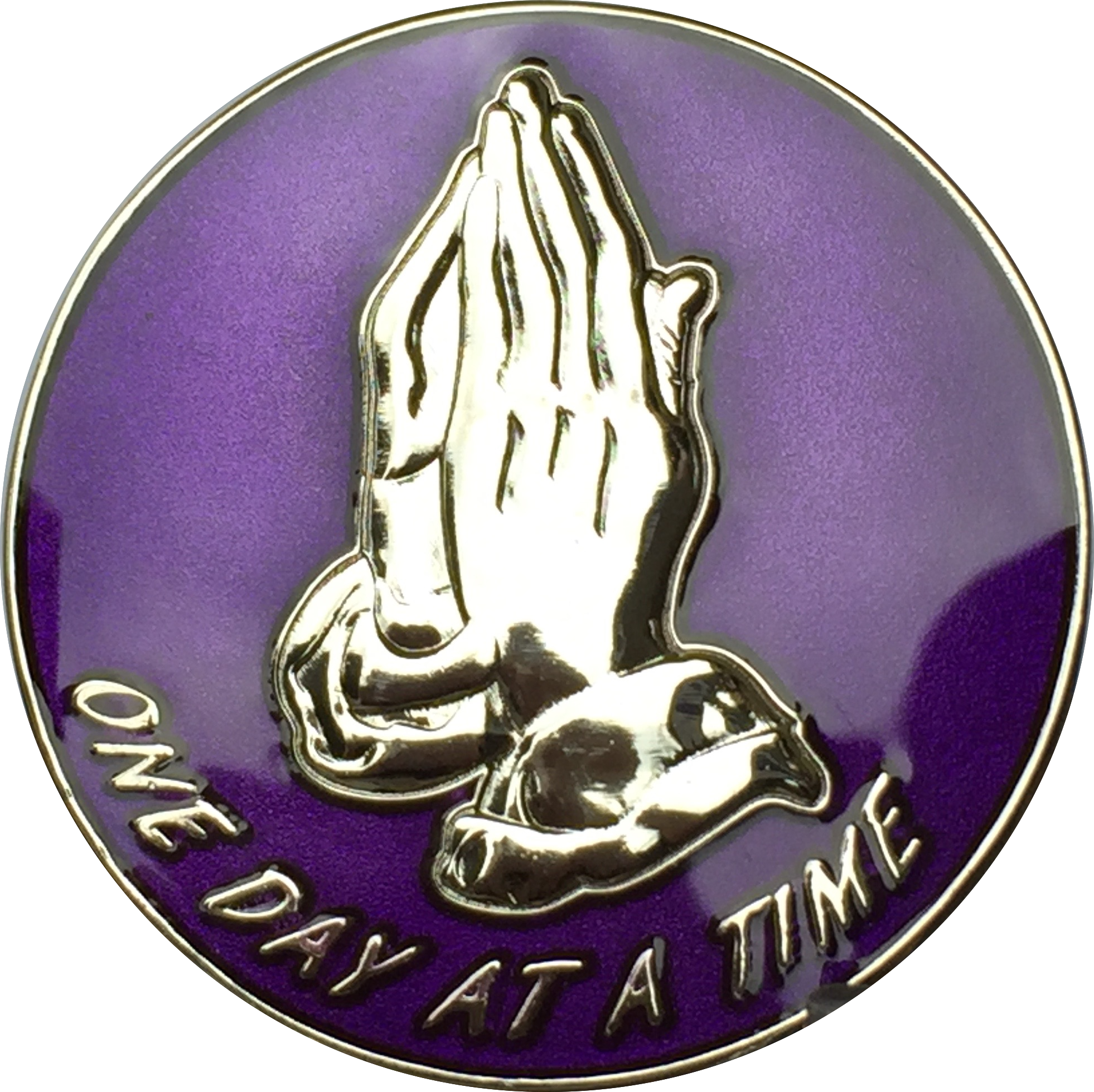 Purple Silver Plated Praying Hands One Day At A Time Serenity Prayer Medallion Chip RecoveryChip Design - RecoveryChip