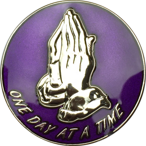 Purple Silver Plated Praying Hands One Day At A Time Serenity Prayer Medallion Chip RecoveryChip Design - RecoveryChip