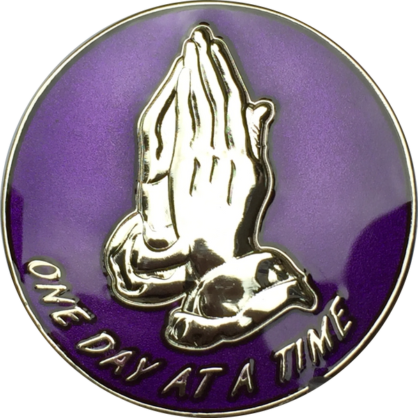 Purple Silver Plated Praying Hands One Day At A Time Serenity Prayer Medallion Chip RecoveryChip Design - RecoveryChip