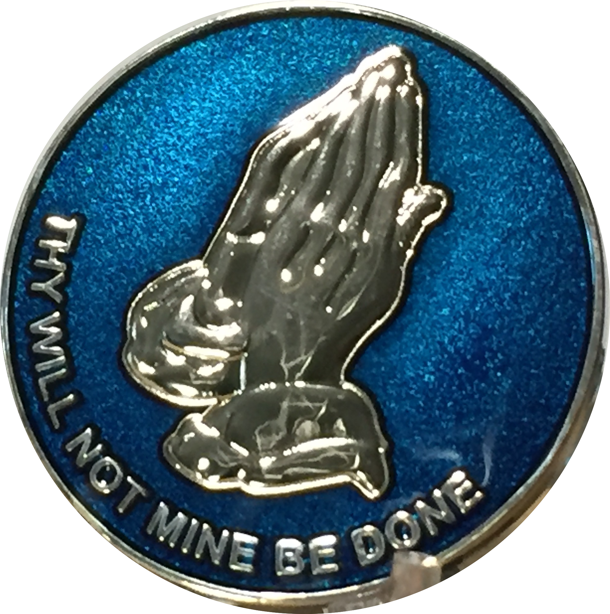 Praying Hands Thy Will Not Mine Be Done Blue Silver Plated Medallion Chip RecoveryChip Design - RecoveryChip