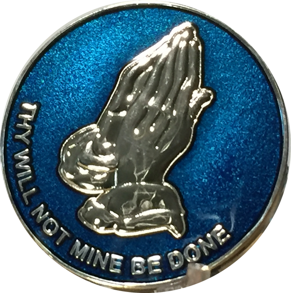 Praying Hands Thy Will Not Mine Be Done Blue Silver Plated Medallion Chip RecoveryChip Design - RecoveryChip