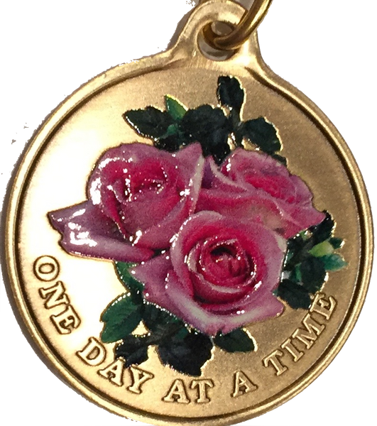 Pink Rose One Day At A Time Keychain Sobriety Chip AA NA - RecoveryChip