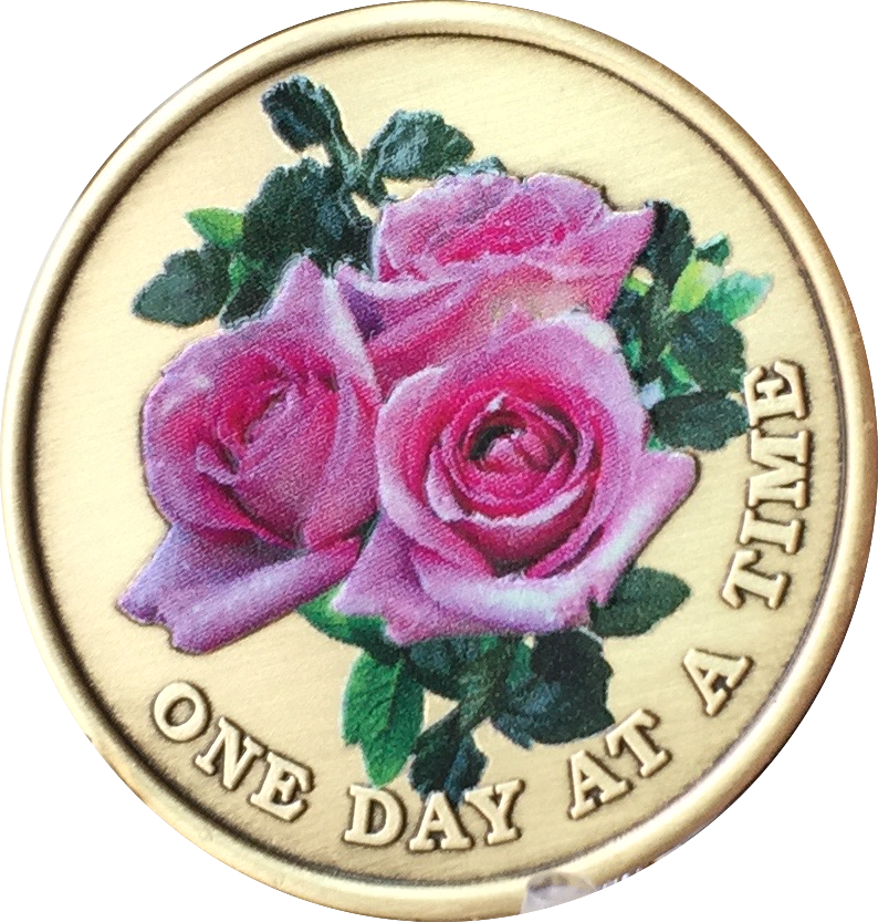 Pink Rose One Day At A Time Medallion Sobriety Chip AA NA - RecoveryChip