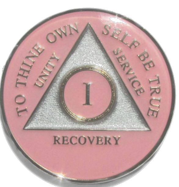 Pink Tri-Plate AA Medallion 24 Hours 18 Month Year 1 - 45 Sobriety Chip - RecoveryChip